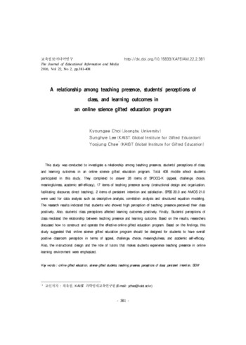 A relationship among teaching presence, student's perceptions of class, and learning outcomes in an online science gifted education program 이미지